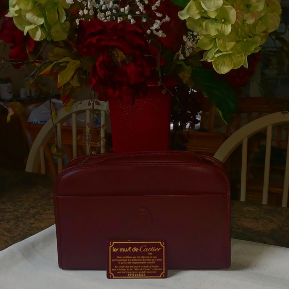 Cartier Bordeaux Red Leather Zip Cluth/Multi Organizer Bag Includes Card Of Auth
